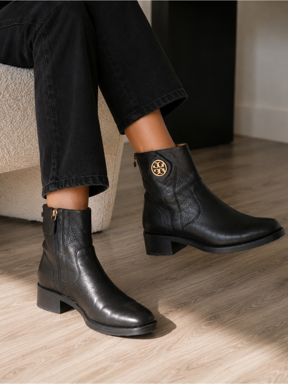 Tory Burch ($450) Black Leather Ankle Booties Gold Logo Riding Boots Size 7M